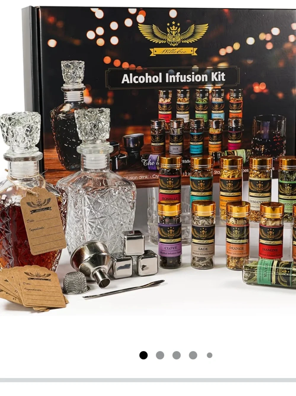 Alcohol Infusion Kit by - Clear Glass Decanters with Assorted Flavor Bottles